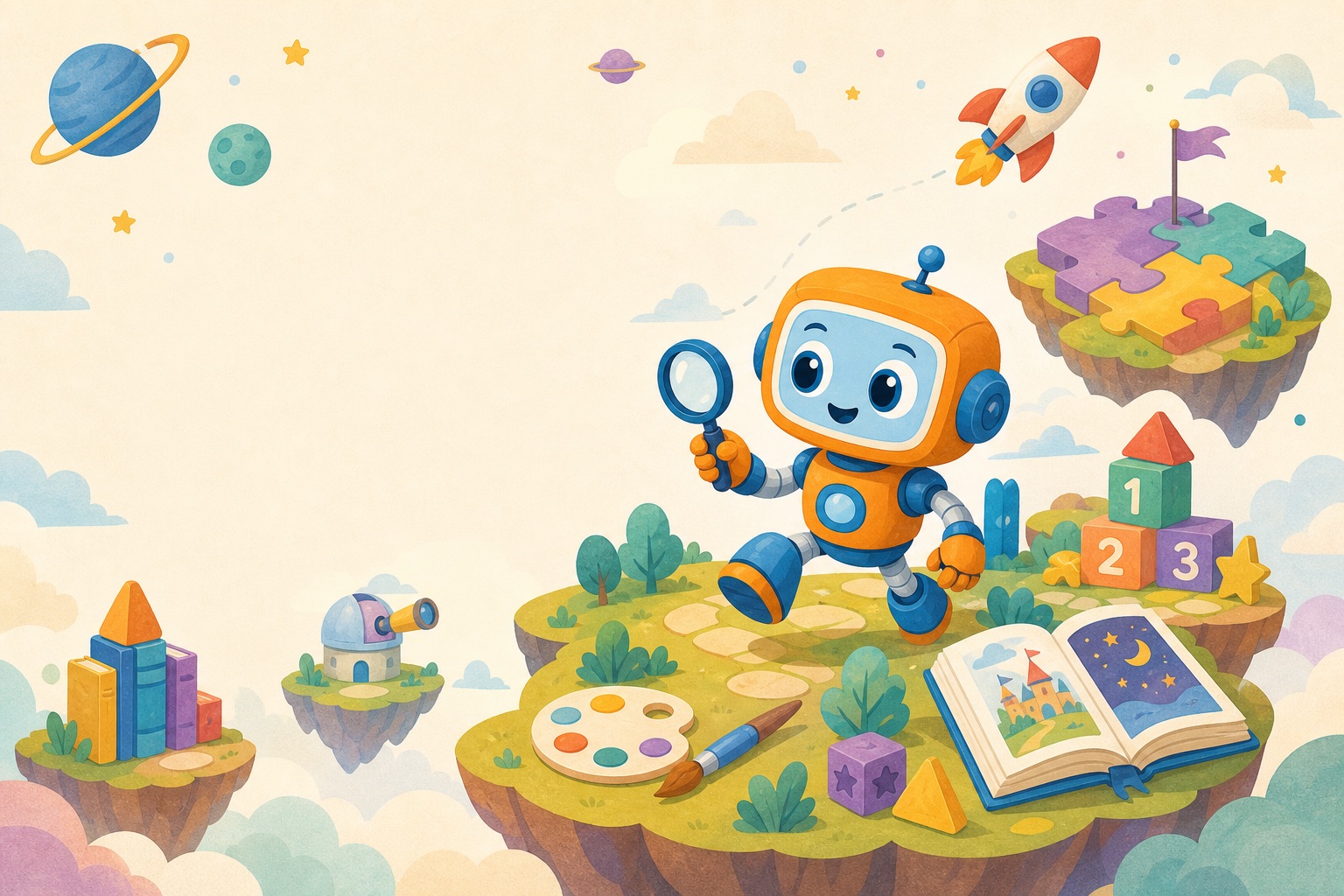 Funuzo robot exploring floating puzzle, art and learning islands
